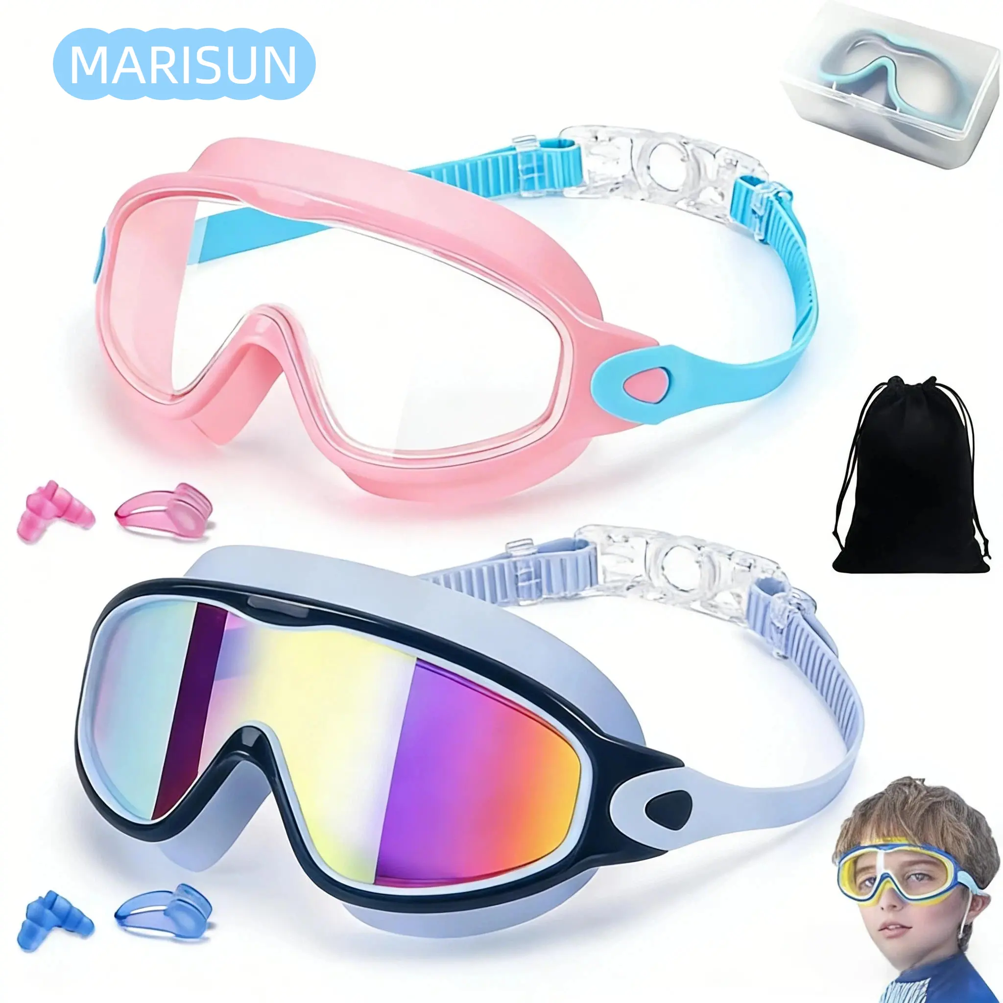 MARISUN Swim Goggles 2 Pcs with Nose Cover for Ages 3-14+ Kids,Youth,UV Protection Anti-Fog Wide View Anti-Shattered Lens for Boys and Girls - Safety anti-uv swim glass anti-fog swimming goggles for Outdoor, Lake,Beach, Summer Party