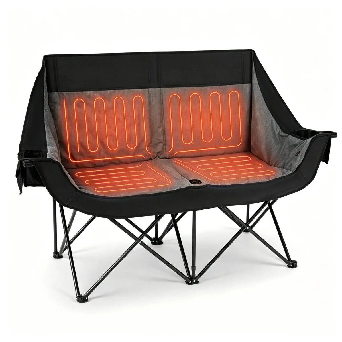 Black Dual Person Heated Folding Camping Chair 4 Heating Zones 3 Temperature Levels, Heavy Duty 660 LBS Double Outdoor Loveseat with Cup Holders Storage Pockets & Carry Bag for Picnic Beach Sports