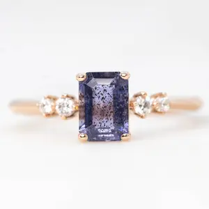 Cordelia Ring with a 0.88 Carat Emerald Cut Iolite and White Accent Diamonds in 14k Rose Gold - Ready to Size and Ship