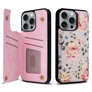 Floral Pattern Phone Case with Card Slot, Shockproof Phone Protective Cover, Phone Accessory Compatible with iPhone 16 Pro Max 15 14 Plus 13 12 11 Pro Max, Casing, Smartphone, Cellphone, Protection