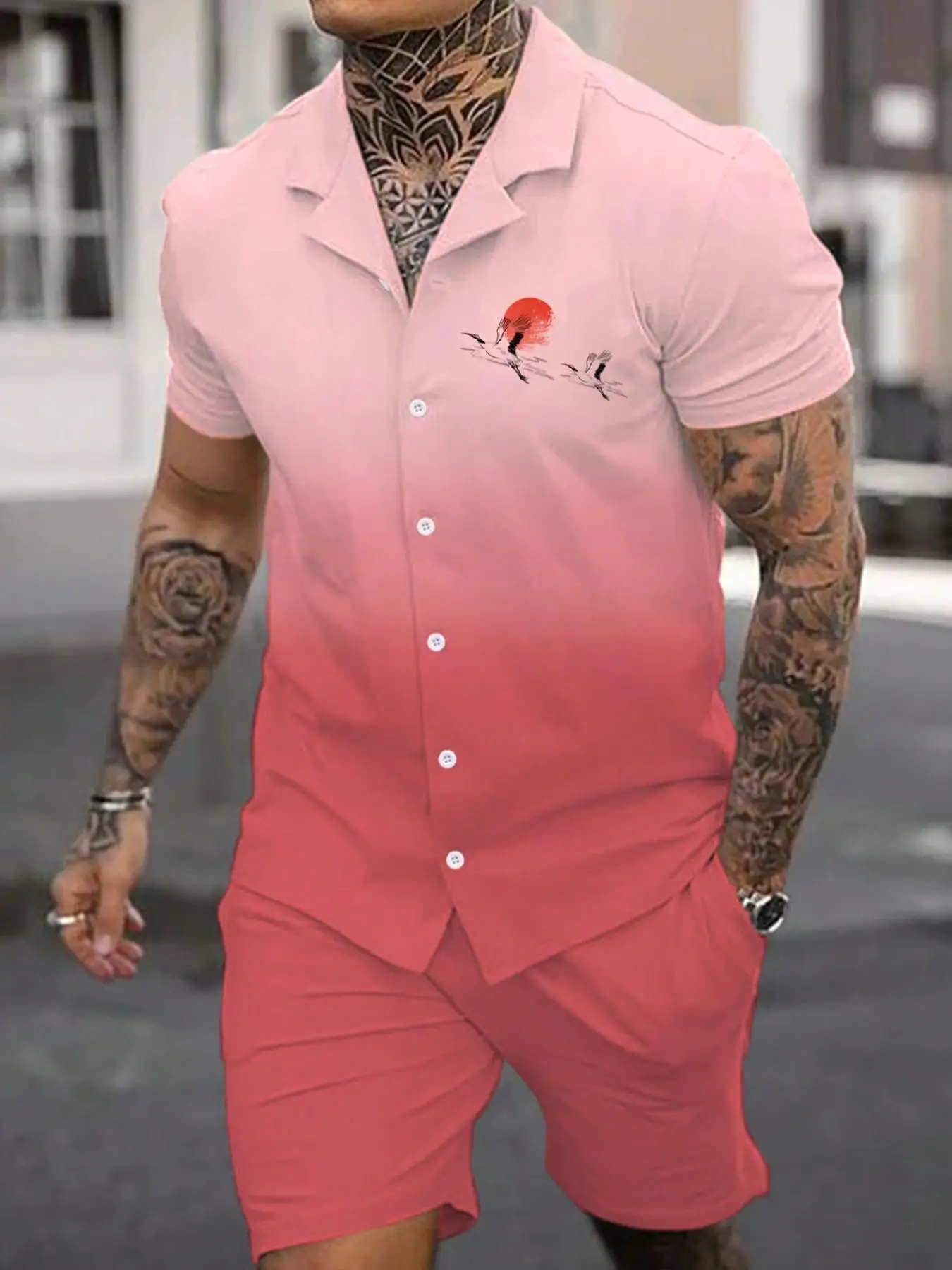 2 Pieces Men's Ombre Print Pocket Shorts Set, Streetwear Regular Fit Button Front Shirt & Drawstring Shorts, Men's 2 Piece Short Set, Men's Designer O