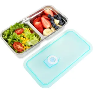 304 Stainless Steel 2 Compartment Bento Box with Leakproof Vent Lid, Reusable Portable Divided Food Storage Container for Kids School, Office Meal Prep, Camping Travel & Home Use
