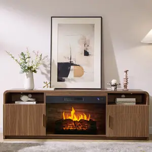 AMERLIFE 70" Fluted Fireplace TV Stand for TVs Up to 80", Modern TV Console with 30" Electric Fireplace & Storage Cabinets, Media Entertainment Center for Living Room