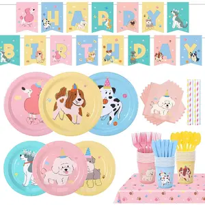 Pet Dog Birthday Party Supplies, 194Pcs Retro Puppy Themed Tableware Set, Vintage Puppy Face Paper Plates and Napkins, Disposable Dinnerware for Birthday Baby Shower-serve 24 guests
