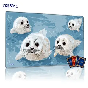 Cute White Baby Seals with Spots MTG Game Pad, 24x14 inch Table Pad, Gaming Mouse Pads, Gaming Mousepad, Anti Slip Durable, Suitable for CCG TCG RPG Games & Desktop Decoration, Ideal Gift for Friends and Family