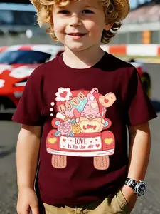 1pcs Boys Valentine's Day Parent-Child Outdoor T-Shirt, Adorable Heart Car & Rose Love Print, Cute Details for Sweet Styling