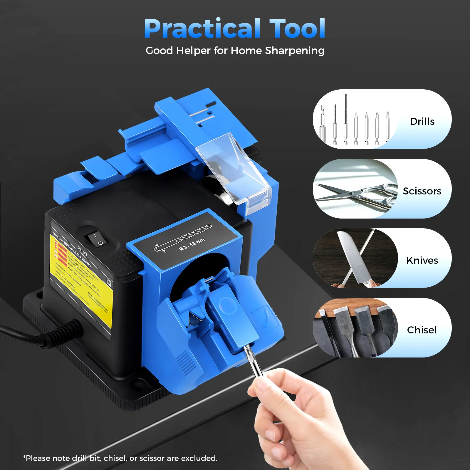 Blue Multifunctional Electric Knife Sharpener, 15°-50° Adjustable Angle, 96W, 1350rpm Speed, 15*14*13.5cm Durable Plastic Tools, for Kitchen Knives, Drills, Scissors, Home & Restaurant Grinding Equipment