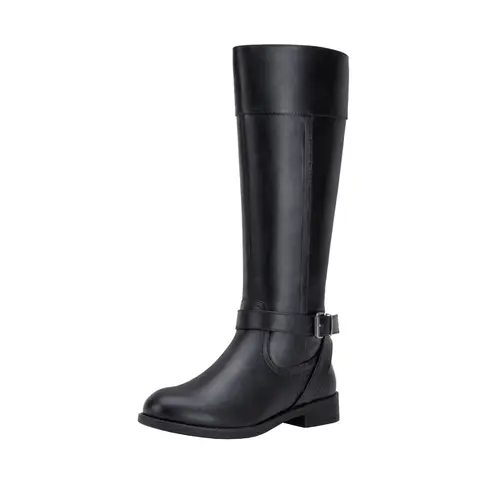 Women's 951 Handmade Chic Faux Leather Round Toe Low Heel Padded Knee-High Riding Highcut Boots, Metal Buckle Rubber Shoes, All-Season Walking & Motorcycle Footwear