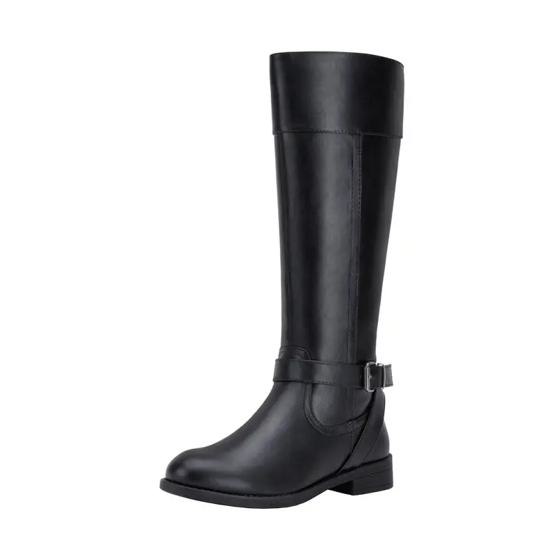 Women's 951 Handmade Chic Faux Leather Round Toe Low Heel Padded Knee-High Riding Highcut Boots, Metal Buckle Rubber Shoes, All-Season Walking & Motorcycle Footwear