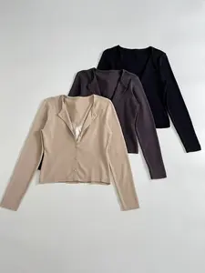 Women's Fashion Lace V-Neck Short Cardigan Sweater, Long Sleeve Button Knit Top, Spring Casual Street Style, Slim Fit