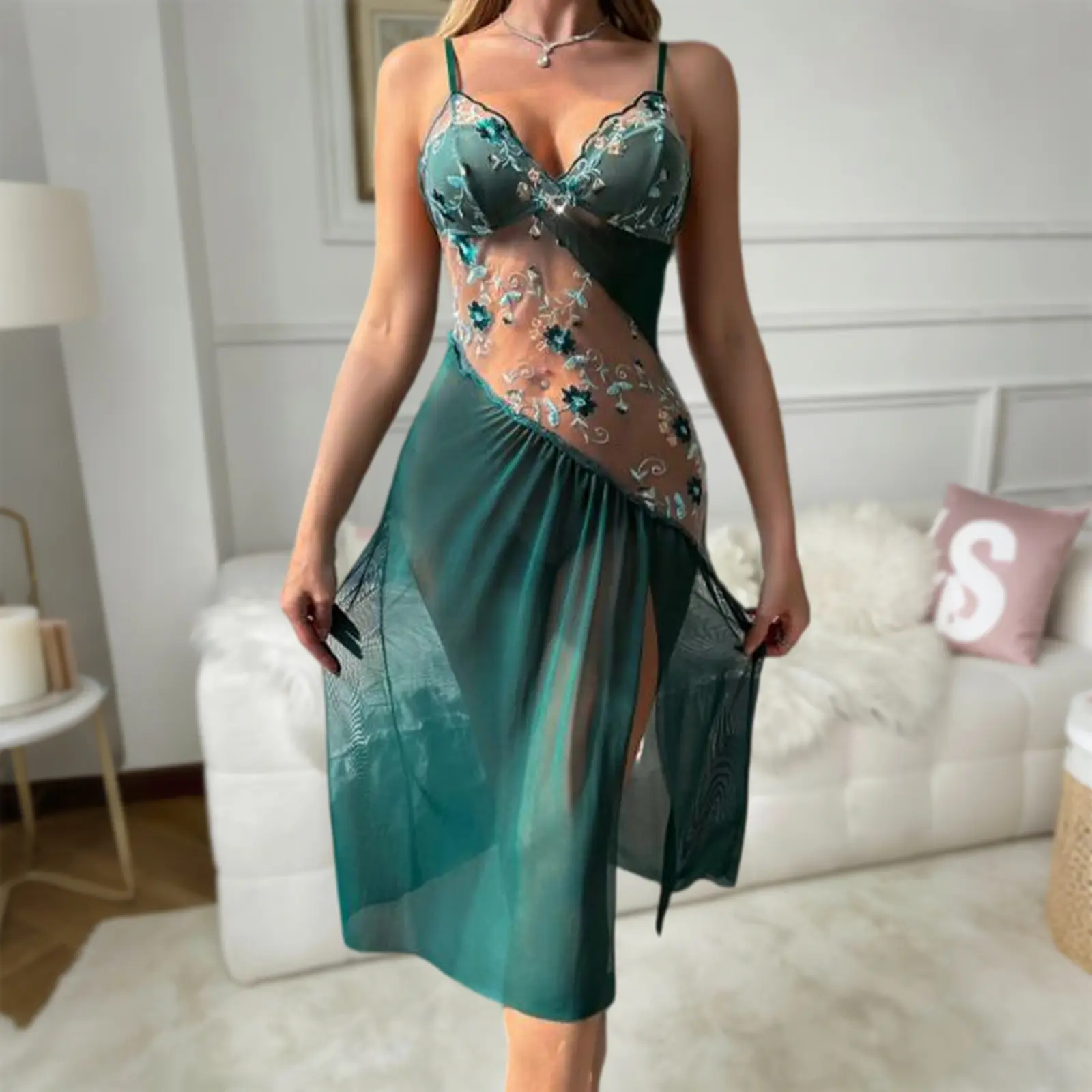 Elegant And Pure Desire Nightgown With Sexy Hollow Mesh Perspective  Irregular Embroidery Flower Band Design, Soft