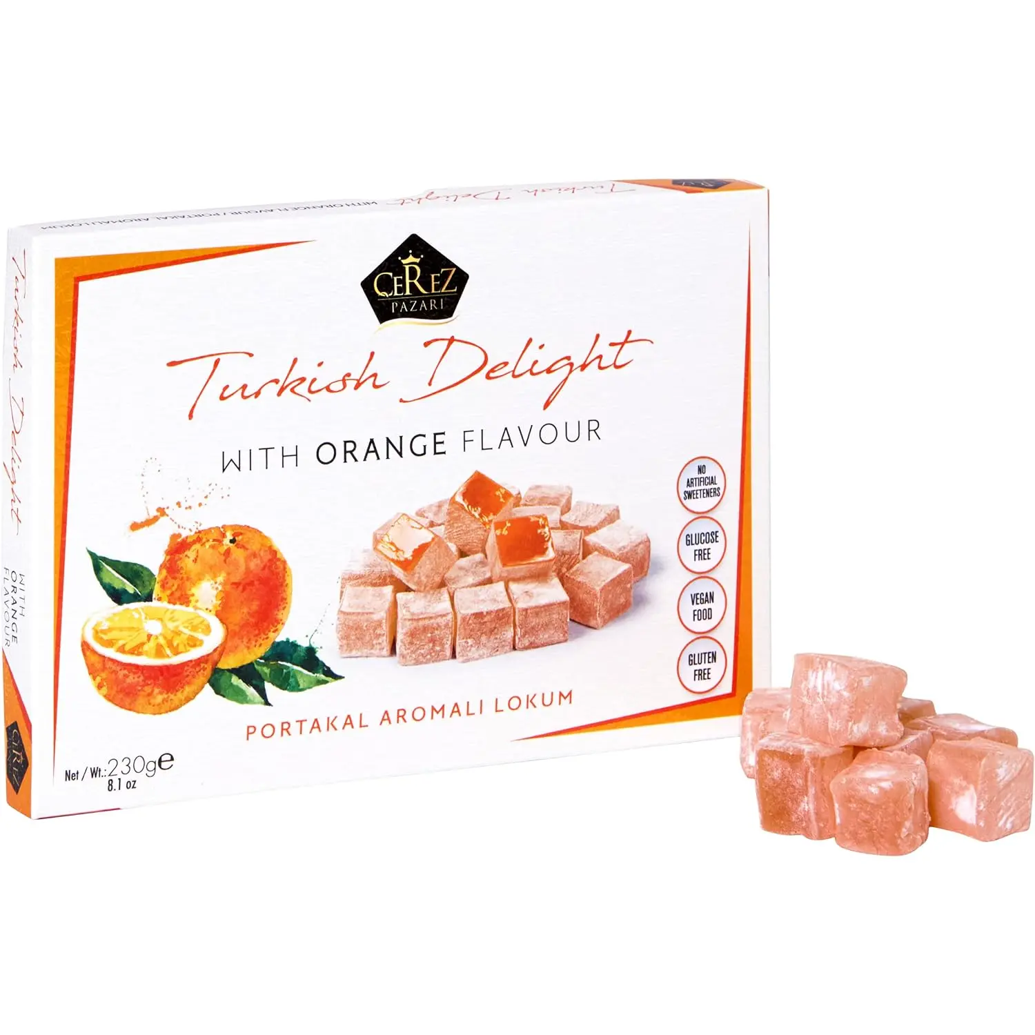Turkish Delight Orange Flavor, Gourmet Small Size Snacks Gift Box, Sweet Traditional Confectionery, Vegan Soft Candy Dessert Loukoumi, Nut & Glucose-Free Lokum, Approx. 40 Pcs, 8.1 oz.