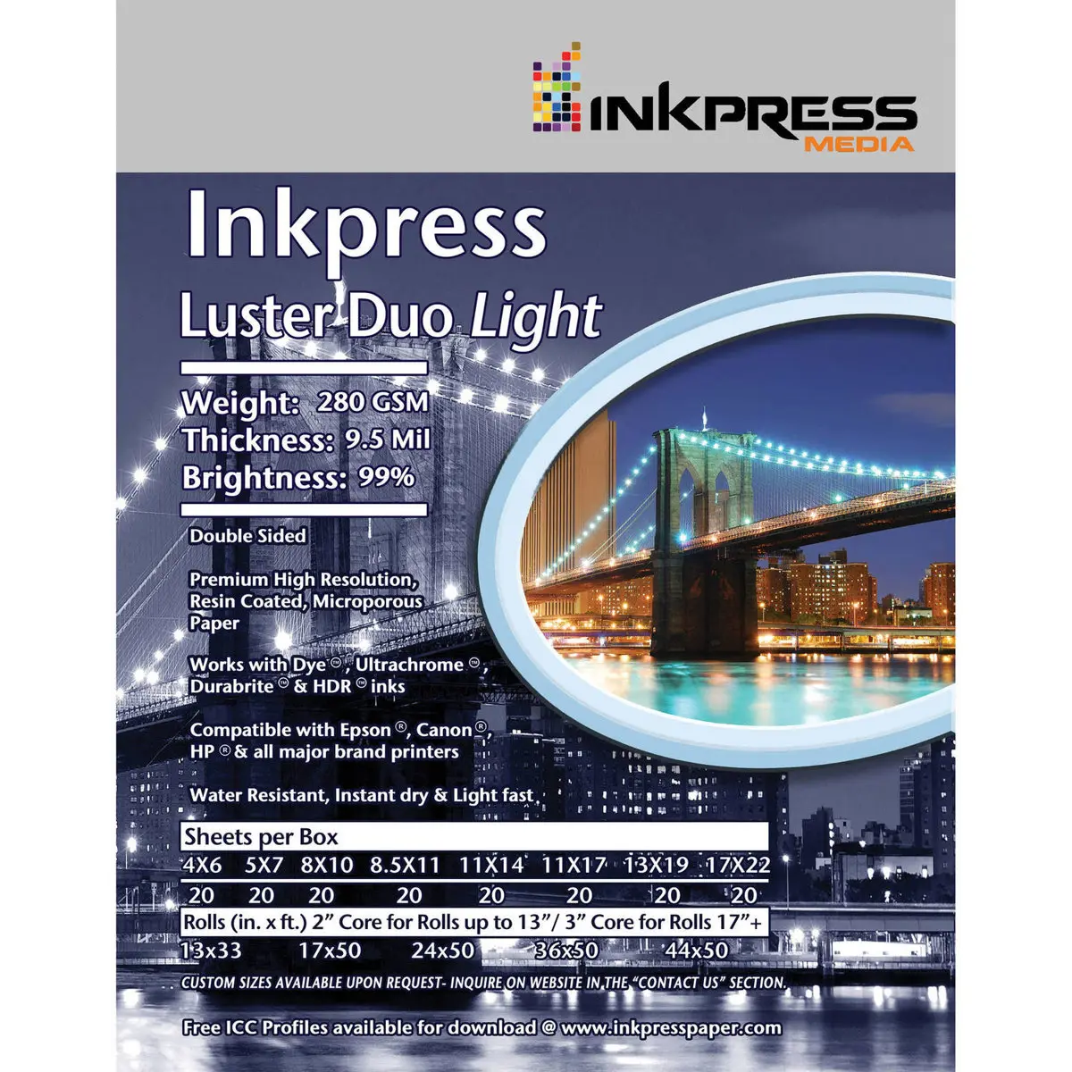 Inkpress Luster Duo Double-Sided Inkjet Paper - 280 gsm thick, 99% Bright, 9.5 mil, 11x14", 20 Sheets, Glossy Finish, High-Res Print