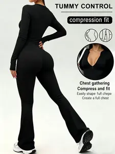 White zip-up long-sleeve flared jumpsuit, tummy-control slimming bodysuit, hip-lifting high-waist yoga jumpsuit for women, casual street sportswear | TikTok Shop Holiday Picks