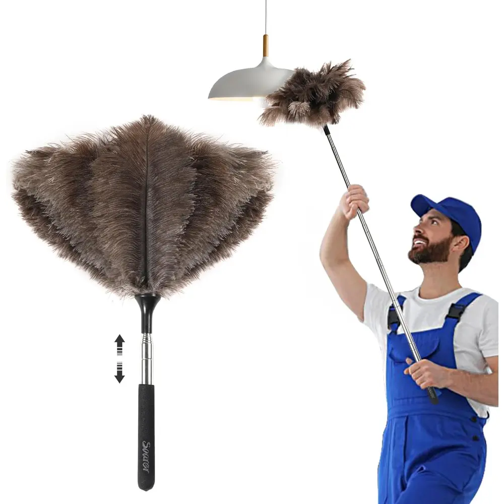 Retractable Ostrich Feather Duster with 40inch Extendable Handle, Adjustable Washable Reusable Cleaning Brush, Home Care Supplies for High Ceiling (No Footstool or Ladder Needed), Dusters For Cleaning, Extendable Handle Duster