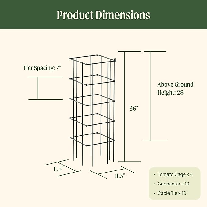 Vego Garden Tomato Cage 16.5" Square Heavy-Duty for Garden & Pots, Rust-Resistant Tomato Stackable Heavy Gauge Plant Cage Trellis Support for Climbing Vegetables Plants