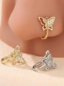 Summer Trendy Unique Design Double Layer Butterfly Nose Stud, Fashion Sweet Elegant Style Non-Piercing Zircon Copper Nose Clip, All Seasons, Body Jewelry