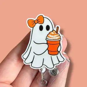Glitter My Badge Halloween girly coffee ghost badge reel for nurse and hospital workers. Badge clip Badge pull - Retractable swivel clip with a 360 rotation. Great gift for coworker.