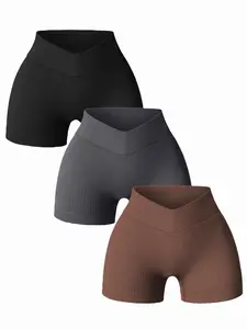 Women's Solid Ribbed Seamless High Waist Gym Shorts, Comfy Breathable Skinny Shorts for Yoga Gym Workout, Ladies Sportswear for All Seasons