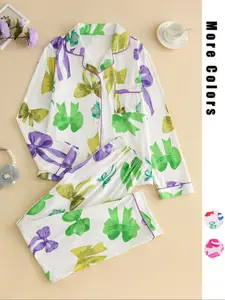 【clearance sale】Colorful bow tie pajama set - Women's long-sleeved pajamas. Comfortable pajama set suitable for nightwear. Pjs Loungewear