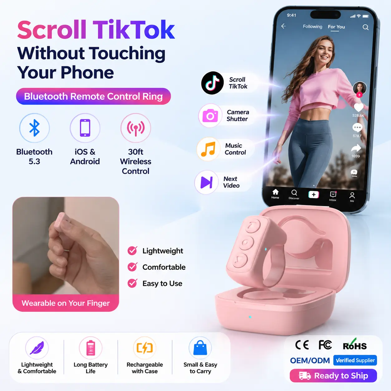 Bluetooth Remote Control Ring for TikTok, Smart Wearable Ring Remote for Workout, Running, Video Scrolling, Music Control, Camera Shutter, Wireless Controller iOS Android