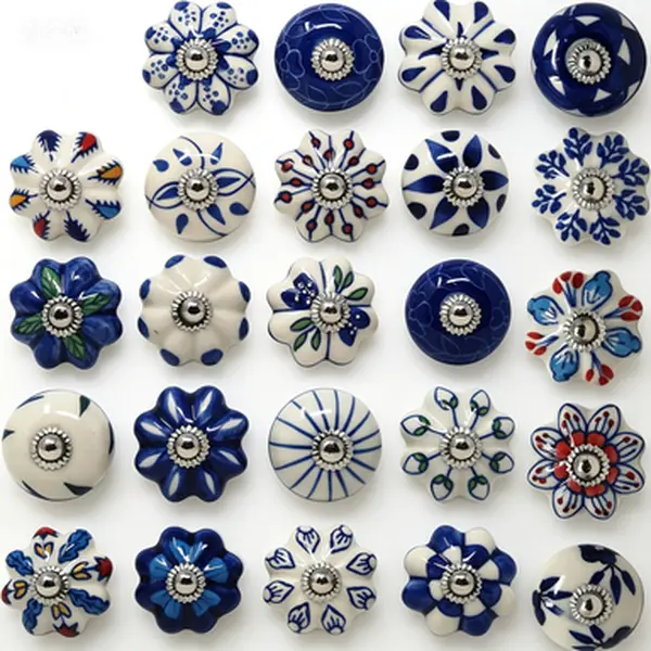 25-Pack Handcrafted Ceramic Cabinet Knobs - 1.5 Inches Diameter, 2.55 Inches Height, Colorful Blue Patterned Versatile Furniture Pulls for Kitchen Cupboards, Bathroom Drawers Hardware