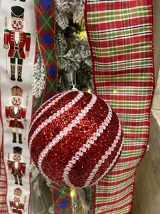 6 Inch Red And White Sequin Ball Ornament