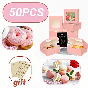 50 Pack Pink Small Cake Box, 4x4x2.5 Inch Bakery Boxes with Window, gift boxes bulk for Mini Cake Pastry Dessert Strawberries Chocolates Cupcakes with Stickers