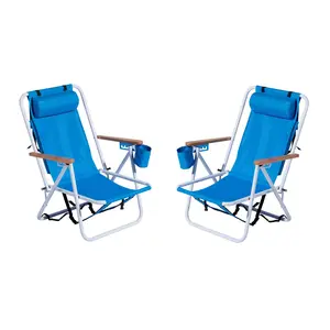 2-Pack Folding Beach Chairs - 4-Position Recline, Backpack Portable, Wooden Armrests & Cup Holder, for Adults