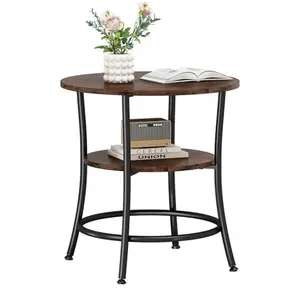 Round End Table for Small Spaces, 2-Tier Accent Side Table with Rounded Corners & Adjustable Glides, Grey Wood Grain Nightstand with Storage Shelf for Bedroom, Living Room, Home Office