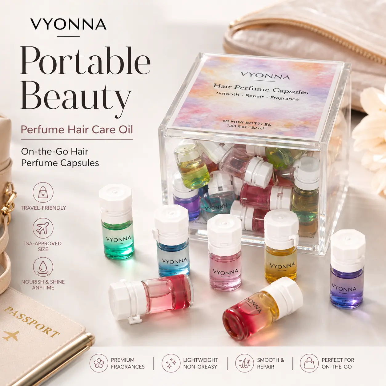 VYONNA Travel Size Hair Perfume Oil, 40 Mini Bottles, 10 Scents, Non-Greasy Leave-In Serum for Frizz, Dry Ends & Shine