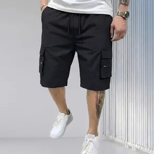 Men’s multi-pocket cargo shorts, summer casual drawstring cargo shorts, Bermuda shorts, loose fit, slightly stretchy, flap pockets with letter patches, drawstring waist, relaxed casual shorts