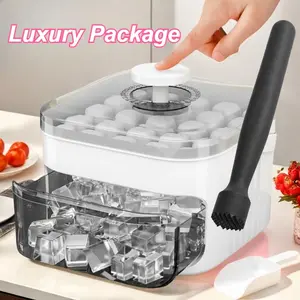 Ice cube mold set, with lid and storage refrigerator ice hammer tool, double-layer ice compartment, pull-out ice drawer with portable handle, kitchen accessories, small tools, summer supplies