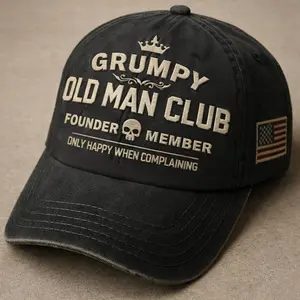 Grumpy Old Man Club Founder Member Embroidered Vintage Wash Dad Hat – Funny Birthday Gift for Older Men Black Adjustable Cap
