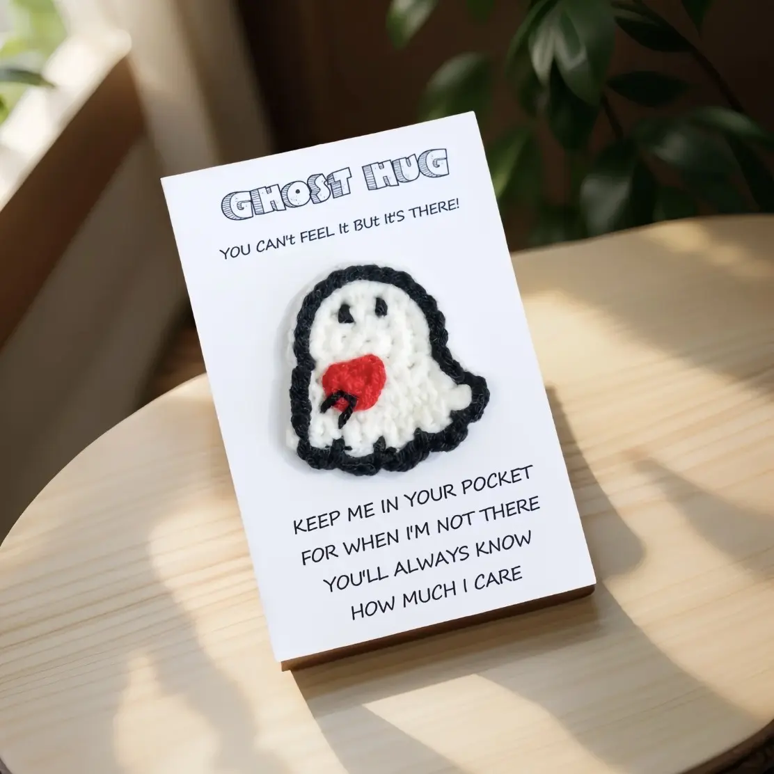 Crochet Ghost Pocket Hug - Soft Yarn Ghost with “Ghost Hug” Message Card, Cute Thinking of You Gift for Friends, Couples and Family, Halloween or Long Distance Keepsake