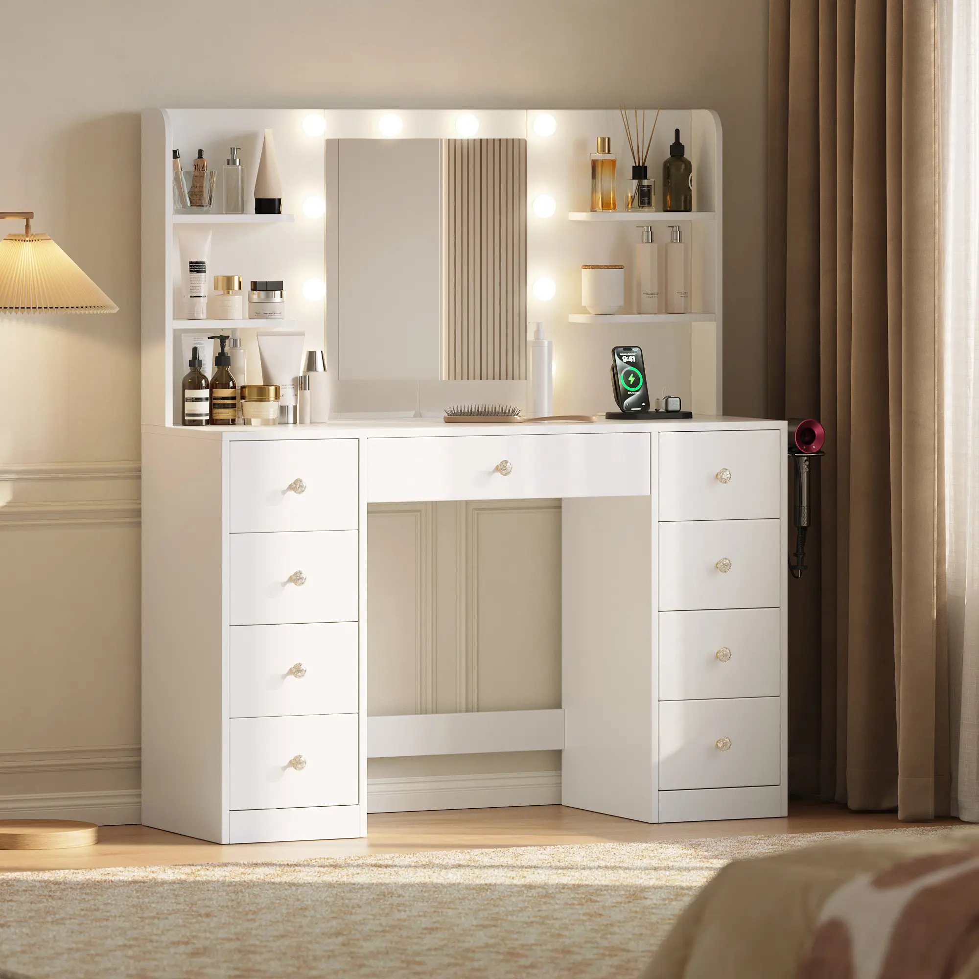 [DealsForYouDays] Must-Have Vanity Desk with Mirror Lights | 9 Drawers, 6 Shelves & Power Outlet - 3 Color Modes 10 LED Bulbs Dressing Table, Perfect Gift for Daughter, Wife & Mom