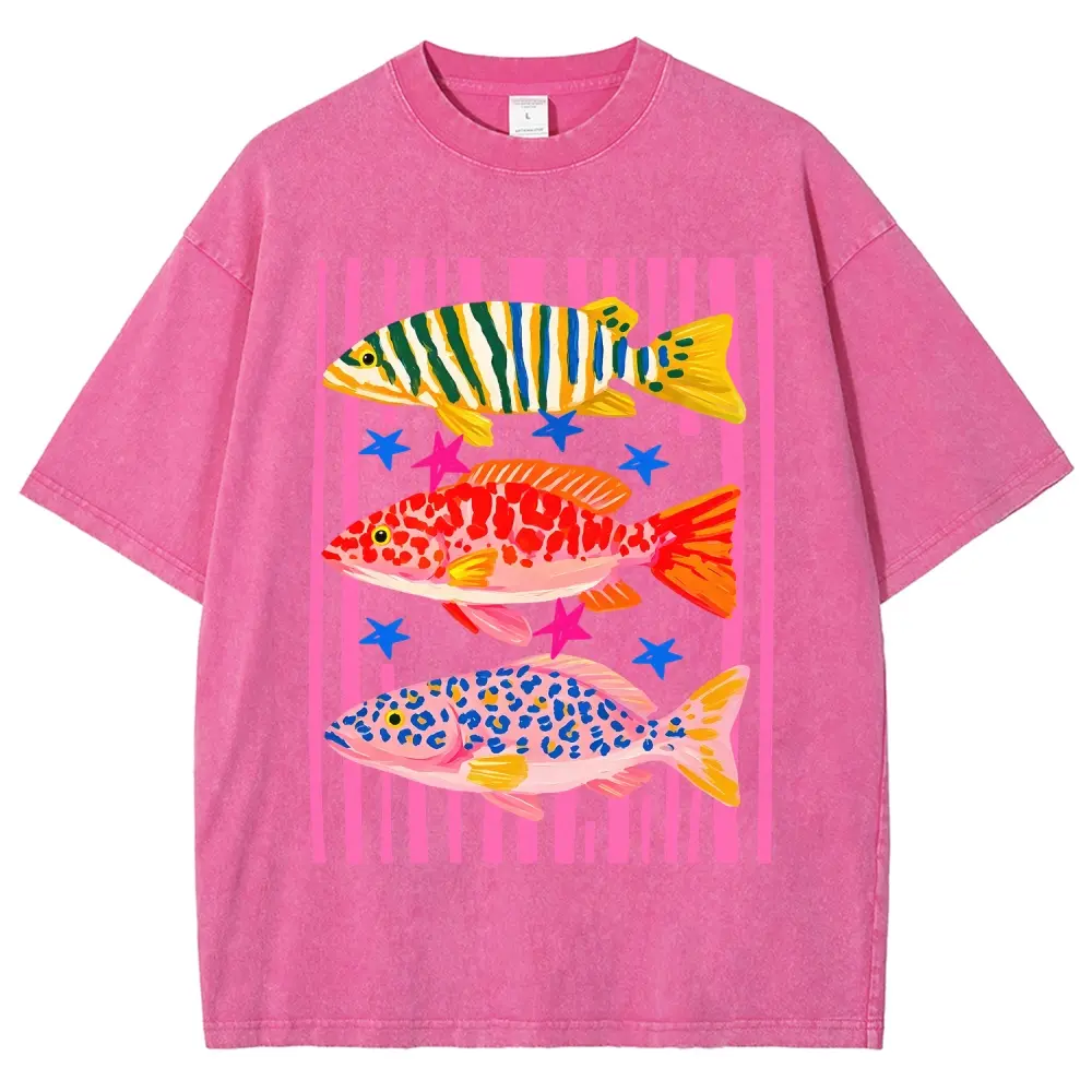 Vibrant Tropical Fish Trio Washed Graphic Vintage Washed Tee 90s Men's Graphic Tee t Shirts Funny Graphic Tee Good Graphic Tees Graphic Tees Streetwear Outfits Men Vacation Outfits Oversized Tshirt Men