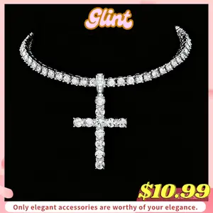 Glint Hip Hop Twist Chain Necklace & Rhinestone Cross Pendant Stainless Steel Jewelry for Men Women Classic Daily Wear Perfect Gift