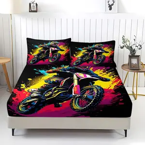 3 Pcs Motocross Pattern Fitted Sheet Set, Colorful Bedding Set, Print Bedding, Soft Microfiber Material, Cozy Breathable, Edgy Streetwear Bedroom Decor for Boys Teens, Includes 2 Pillowcases, No Pillow Core