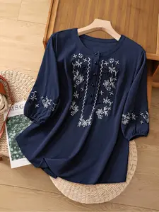 Plus Size Women's Ethnic Embroidered Woven Shirt, Casual Long Sleeve Button Front Blouse, Fall & Winter Fashion Top for Ladies