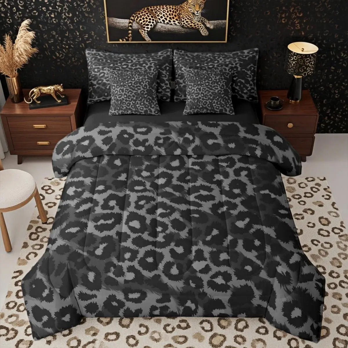 Black Leopard Comforter Set 7 Piece Cheetah Decor Bedding Set Women Adult African Safari Animal Bed in A Bag Cheetah Wildlife Sheet Sets