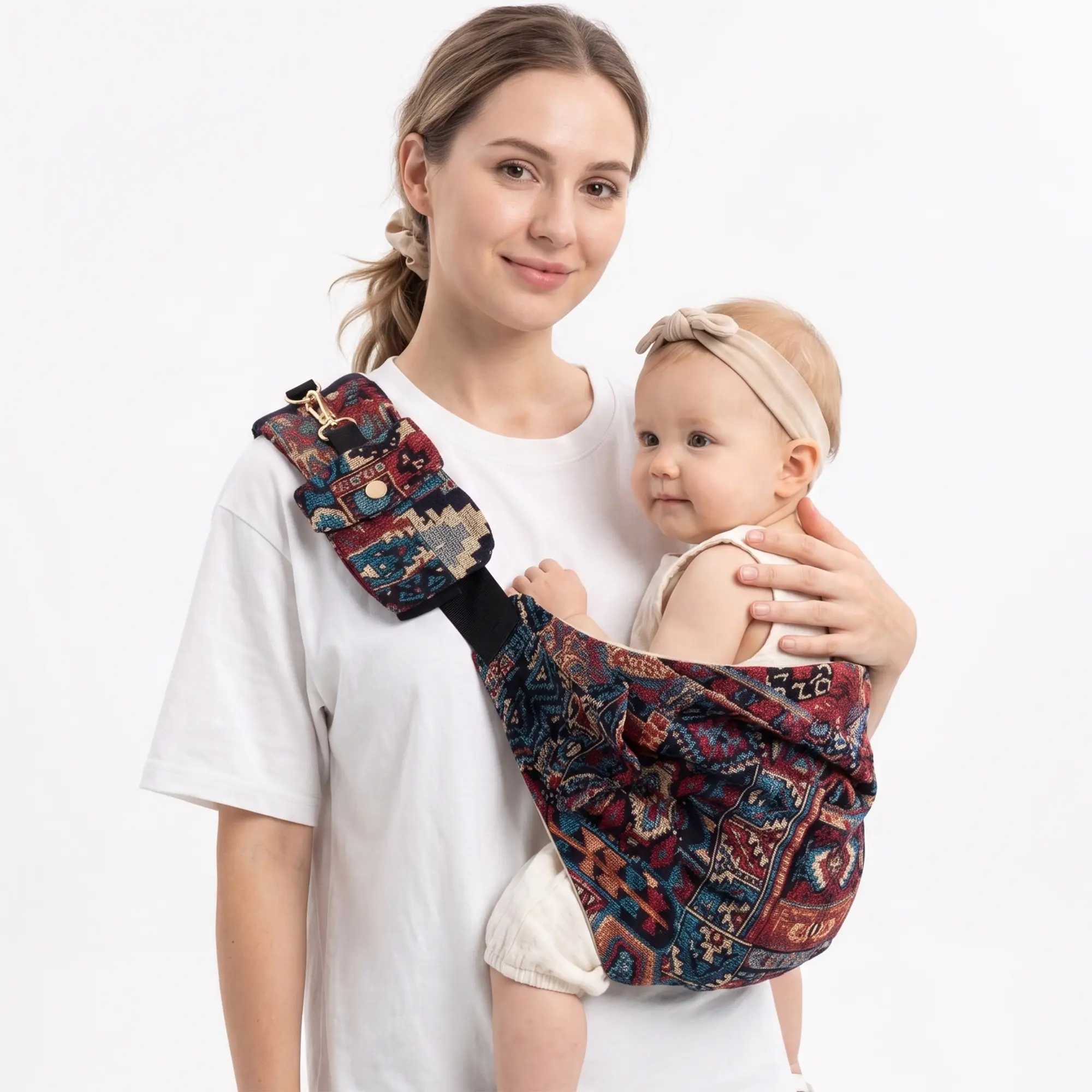 Boho Chic Tapestry Baby Carrier Sling, Hands-Free Crossbody Wrap for Newborns, Infants, and Toddlers up to 45 lbs, Newborn Baby