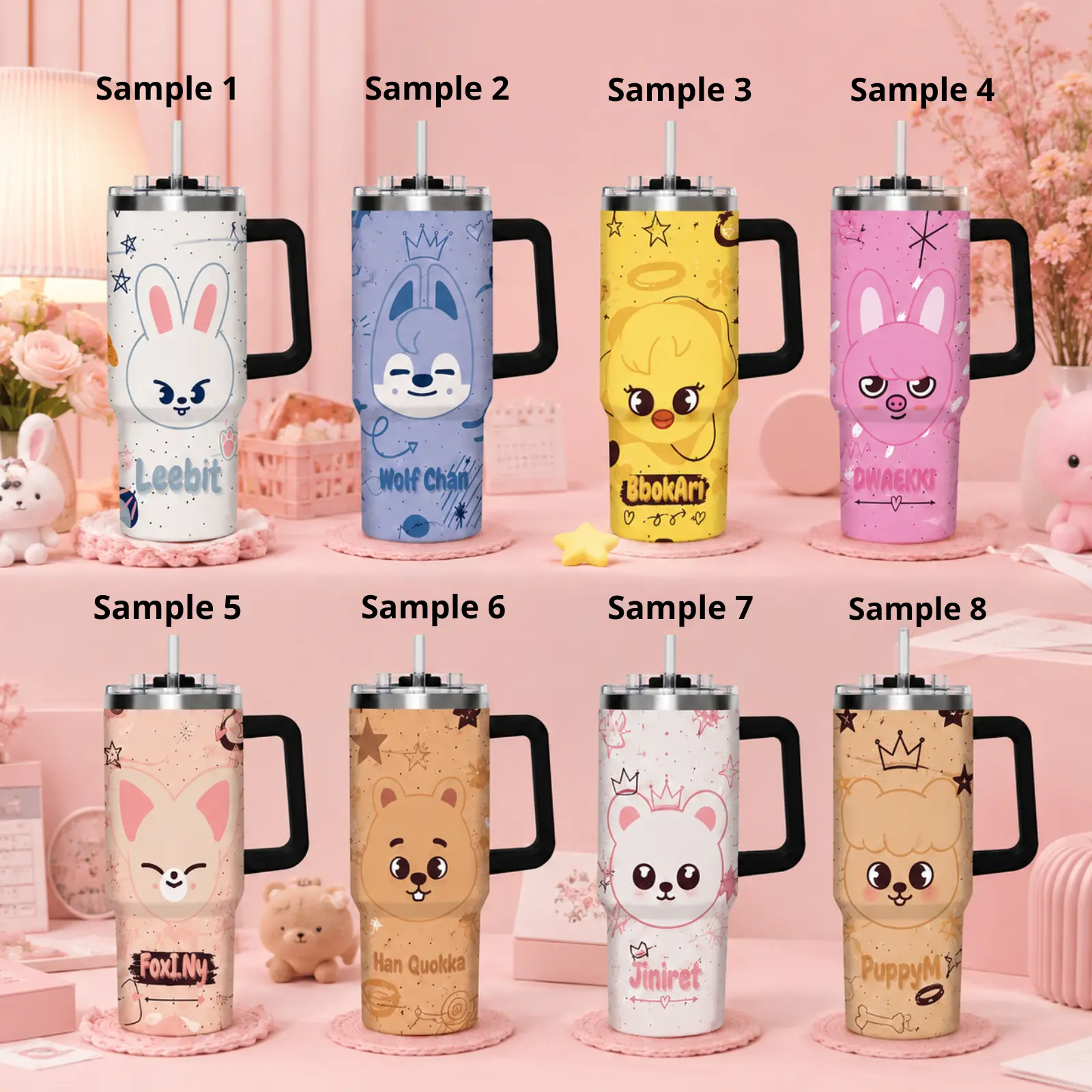 [Collections] 20oz/40oz $KZ Inspired Tumbler with Handle & Straw, Kawaii Animal Travel Mug, Cute Kpop Fan Gift Cup for Stay Supporters