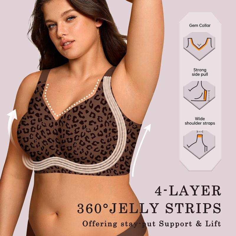 New Leopard Print Womens Jelly Bra | Full Coverage Wireless Supportive Push Up | Plus Size Soft Seamless T-Shirt Bra | Comfort Everyday Wings Design