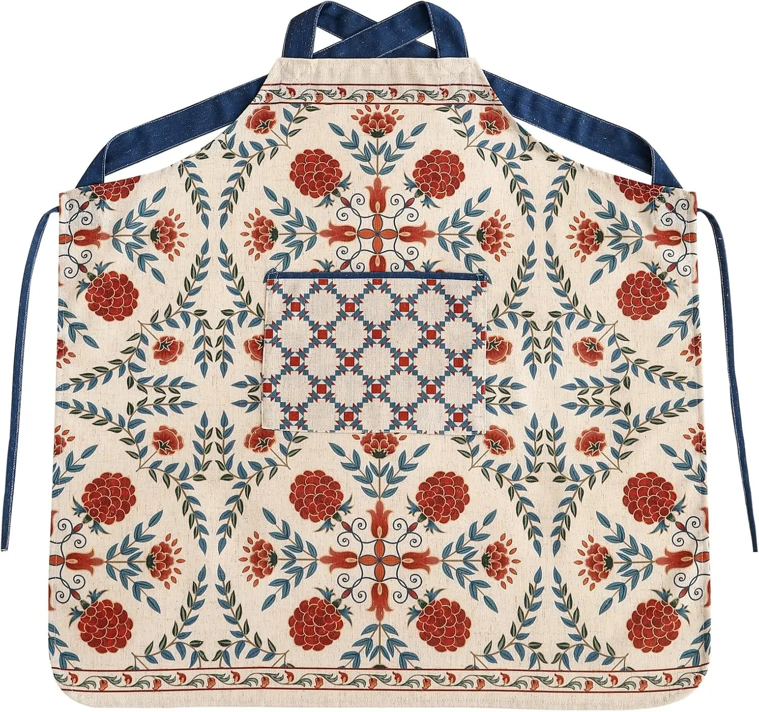 Blue Floral Linen Apron with Pocket,French Kitchen Garden Chef BBQ Aprons for Women and Men,Crisscross Back Straps