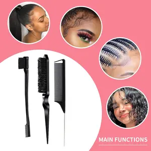 3pcs Hair Styling Brush Set, Includes Tail Comb, Teasing Brush, Edge Brush, Detangling Brush, Grooming Comb, Styling Tools For Slicked Back, Side Part, Curly Hair And Flyaway Control, Unisex, For Barbers And Everyday Use, Travel Essential, Daily Necessity