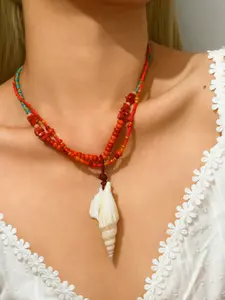 Boho Conch Shell Beaded Necklace, Multicolor Turquoise Beads Design, Beach Style Collarbone Chain, Daily Wear Jewelry