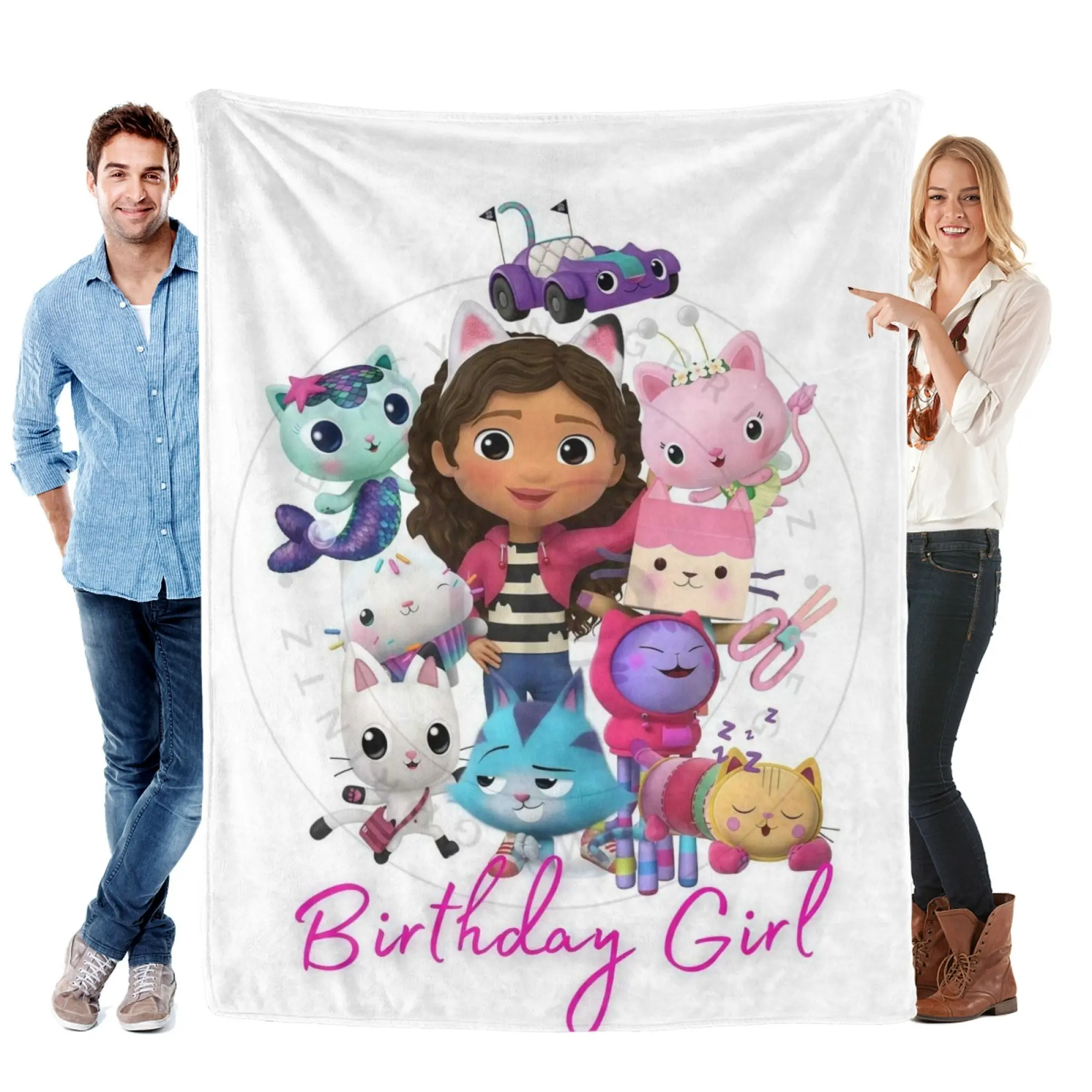Multi-Size Optional DreamWorks Gabby Dollhouse Cartoon Flannel Blanket Circular Frame All Cute Kitty Characters Graphic Ultra Soft Warm Portable Blanket For Indoor Daily Use, Toddler Nursery Birthday Party Decoration And Little Girls Birthday Gift Giving