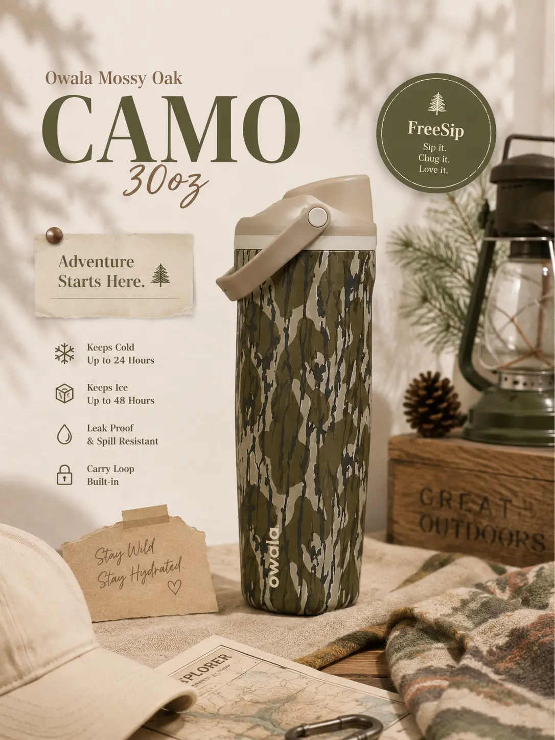 Owala Mossy Oak Camo FreeSip Sway 30oz Tumbler – Limited Edition Insulated Stainless Steel Water Bottle with Straw & Handle