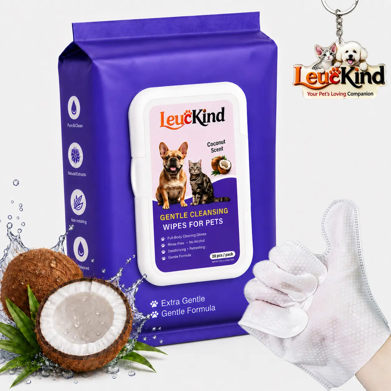 LeucKind 20pcs Disposable Glove Wipes for Cats & Dogs, Wet Wipes Gloves for Pet Grooming, Hypoallergenic Cleaning Wipes for Paws, Fur & Sensitive Areas       products quick bathing reels hair removal